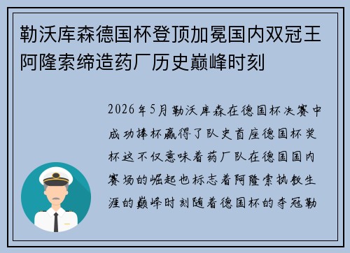 勒沃库森德国杯登顶加冕国内双冠王阿隆索缔造药厂历史巅峰时刻